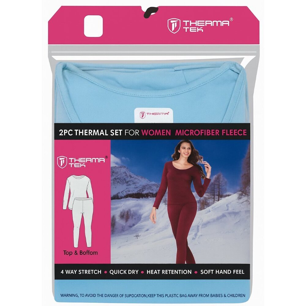Women Microfiber Fleece Thermal Set Base Layer Top & Bottom, Winter Warm, Blue